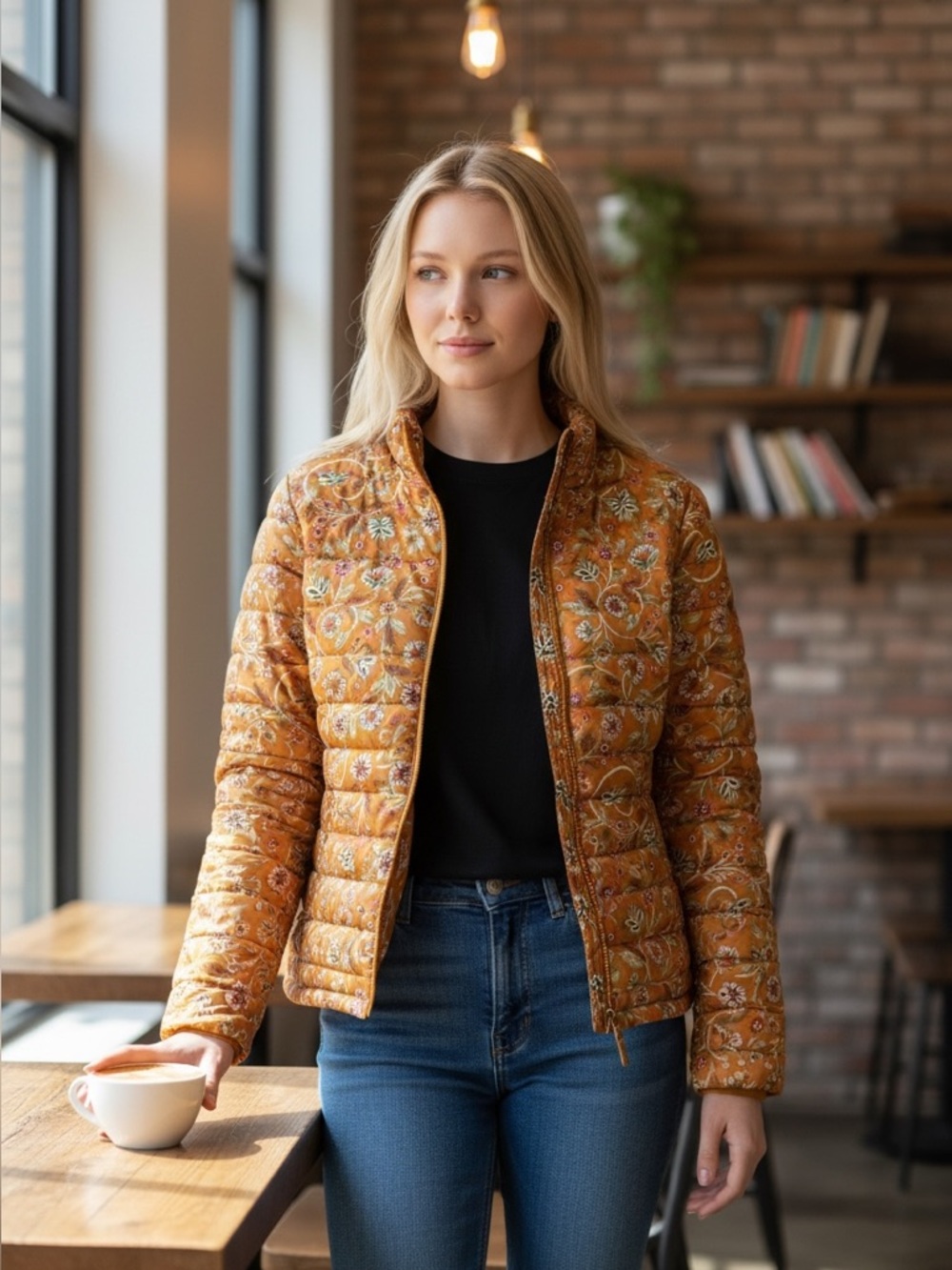 Belle Boho Kim Gravel Quilted Jacket Medium Ochre Floral Puffer Lightweight Boho